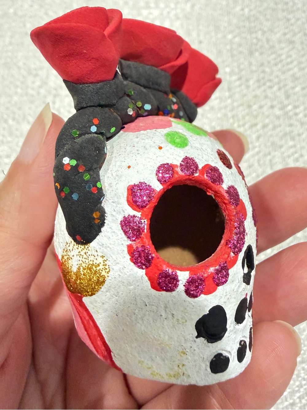 Handpainted Day of the Dead Sugar Skull with Red Rose Crown Mexico Decor - Picture 4 of 9
